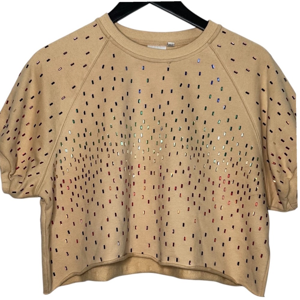 Queen of‎ Sparkle Rainbow Rhinestone Cropped Sweatshirt Tan Size XS